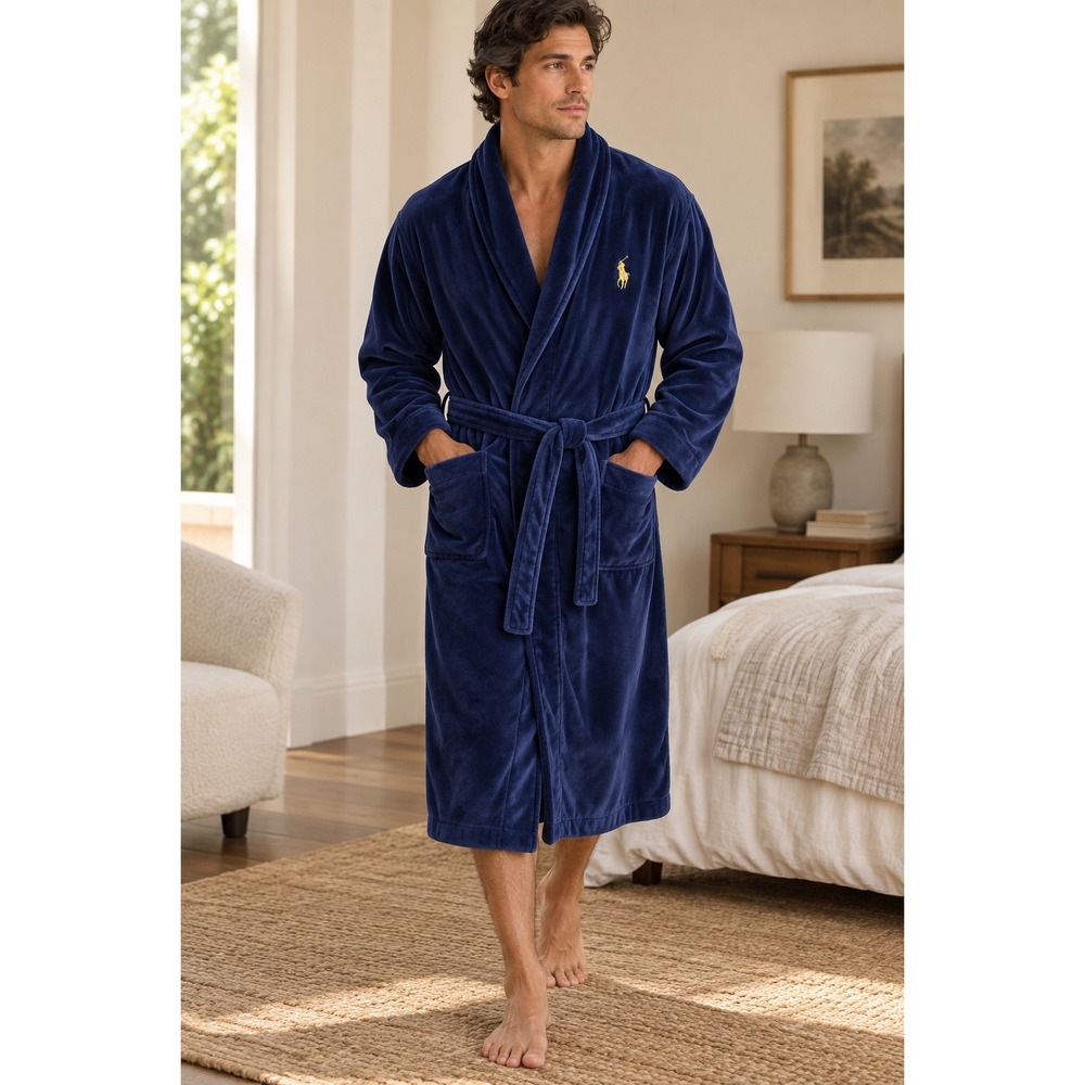 Polo Ralph Lauren Robe Mens L/XL Navy Blue Fleece Plush Pony Logo Loungewear